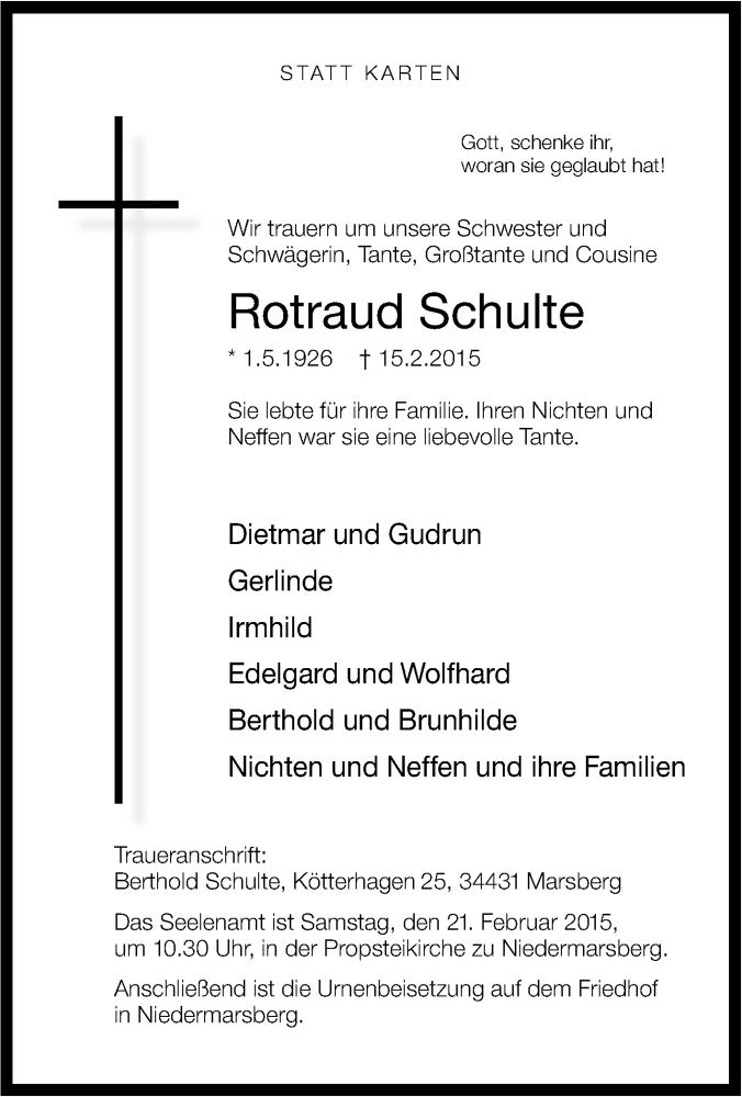  Traueranzeige für Rotraud Schulte vom 17.02.2015 aus Tageszeitung