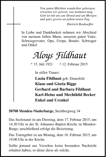 Traueranzeige von Aloys Fildhaut von Tageszeitung