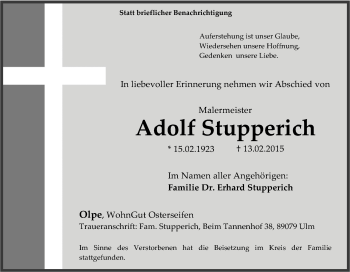 Traueranzeige von Adolf Stupperich von Tageszeitung