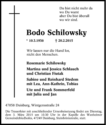 Traueranzeige von Bodo Schilowsky von Tageszeitung