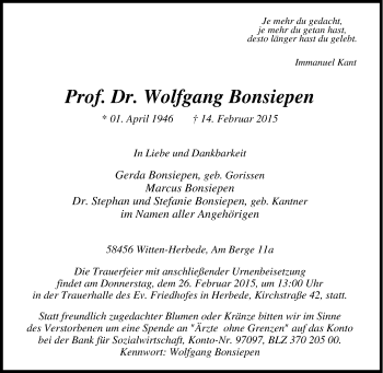 Traueranzeige von Wolfgang Bonsiepen von Tageszeitung