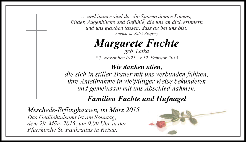  Traueranzeige für Margarete Fuchte vom 14.02.2015 aus Tageszeitung