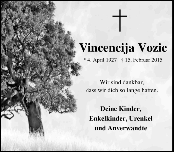 Traueranzeige von Vincencija Vozic von Tageszeitung
