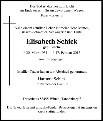 Traueranzeige von Elisabeth Schick von Tageszeitung