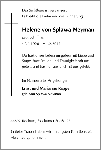 Traueranzeige von Helene von Splawa Neyman von Tageszeitung