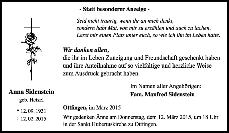  Traueranzeige für Anna Sidenstein vom 14.02.2015 aus Tageszeitung