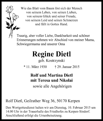 Traueranzeige von Regine Dietl von Tageszeitung