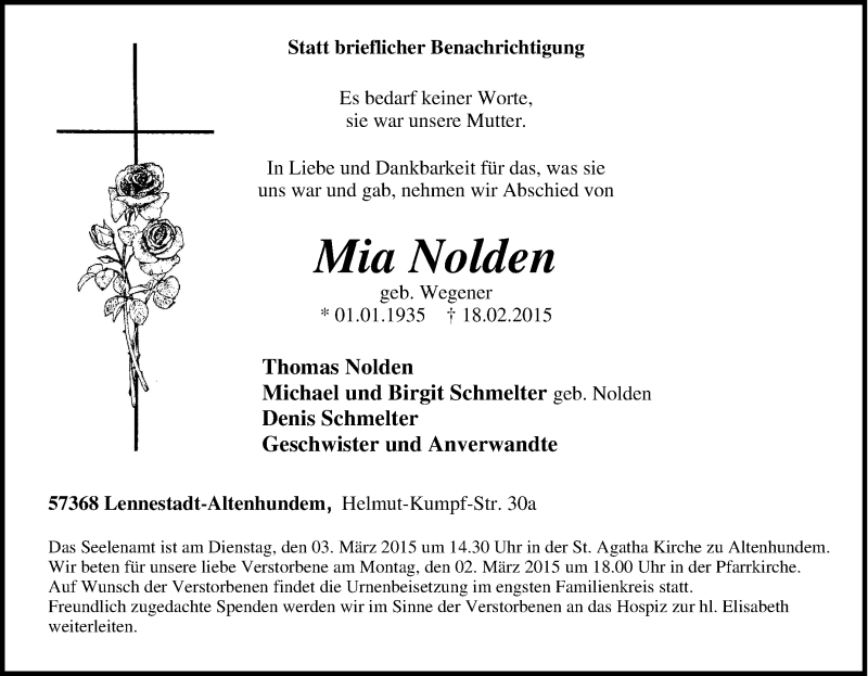  Traueranzeige für Mia Nolden vom 21.02.2015 aus Tageszeitung