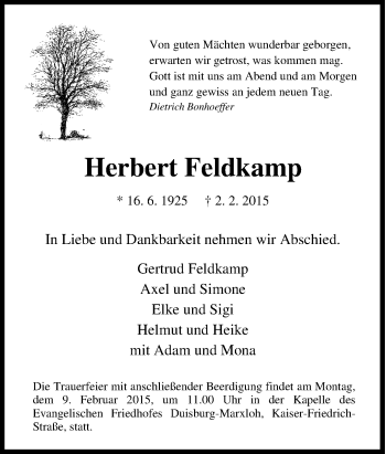 Traueranzeige von Herbert Feldkamp von Tageszeitung