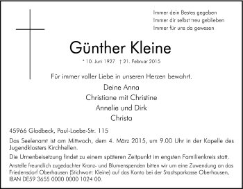 Traueranzeige von Günther Kleine von Tageszeitung