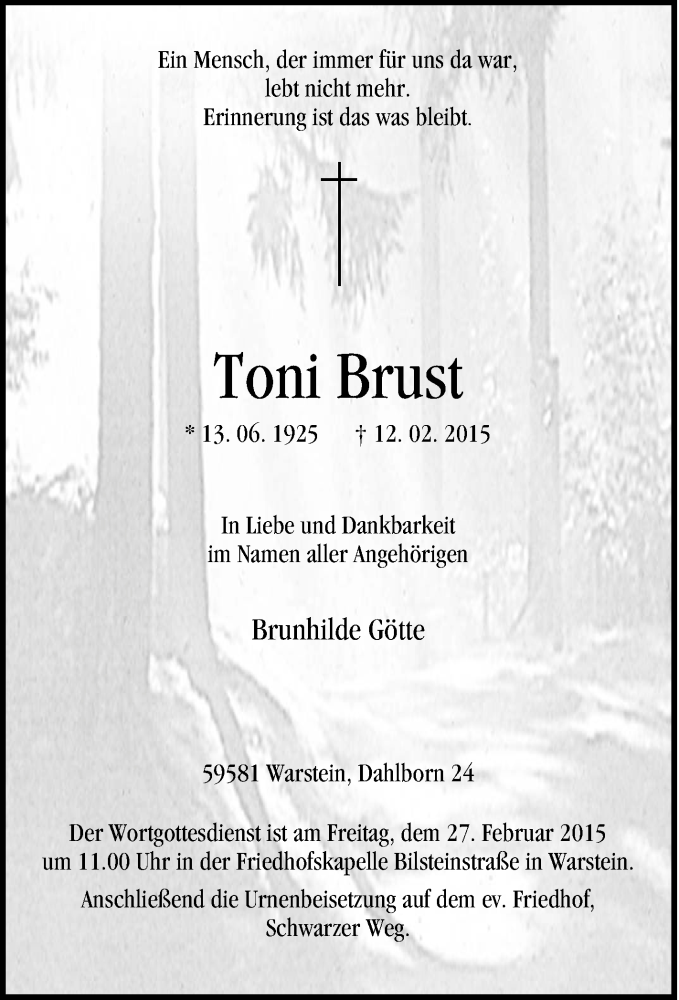 Traueranzeige für Toni Brust vom 21.02.2015 aus Tageszeitung