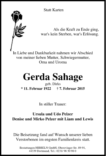 Traueranzeige von Gerda Sahage von Tageszeitung