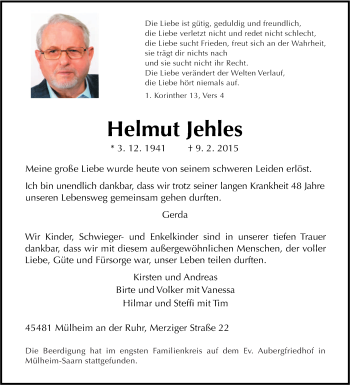 Traueranzeige von Helmut Jehles von Tageszeitung
