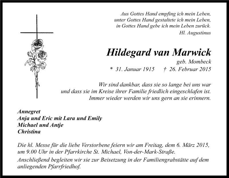  Traueranzeige für Hildegard van Marwick vom 28.02.2015 aus Tageszeitung