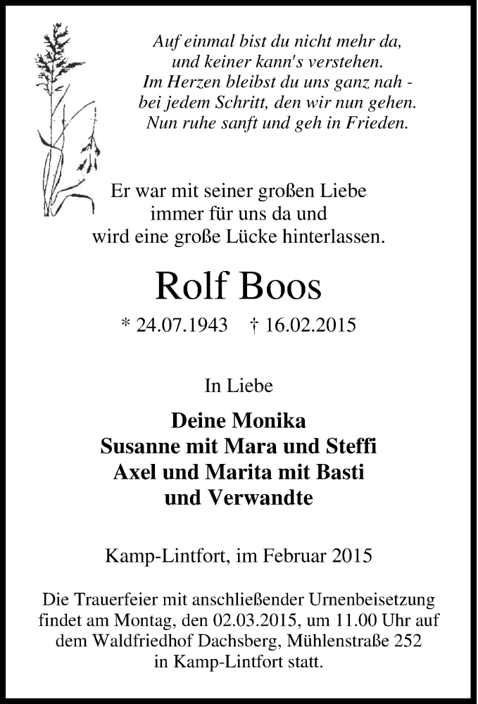  Traueranzeige für Rolf Boos vom 21.02.2015 aus Tageszeitung