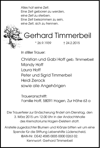Traueranzeige von Gerhard Timmerbeil von Tageszeitung