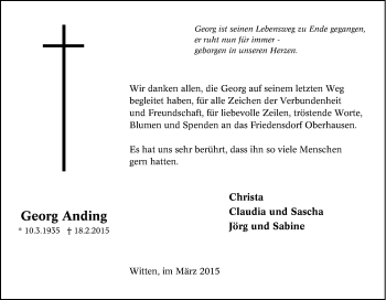 Traueranzeige von Georg Anding von Tageszeitung
