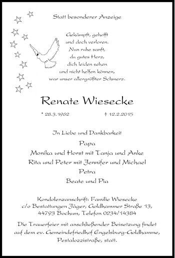 Traueranzeige von Renate Wiesecke von Tageszeitung