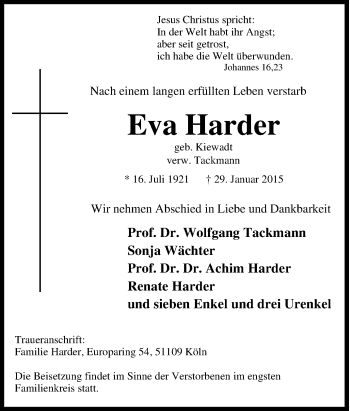 Traueranzeige von Eva Harder von Tageszeitung