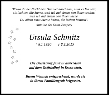 Traueranzeige von Ursula Schmitz von Tageszeitung