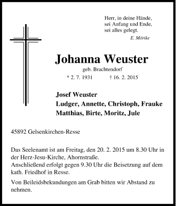 Traueranzeige von Johanna Weuster von Tageszeitung