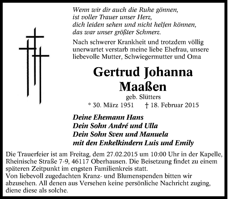  Traueranzeige für Gertrud Johanna Maaßen vom 25.02.2015 aus Tageszeitung