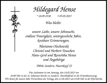 Traueranzeige von Hildegard Hense von Tageszeitung