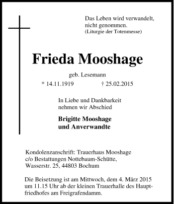 Traueranzeige von Frieda Mooshage von Tageszeitung