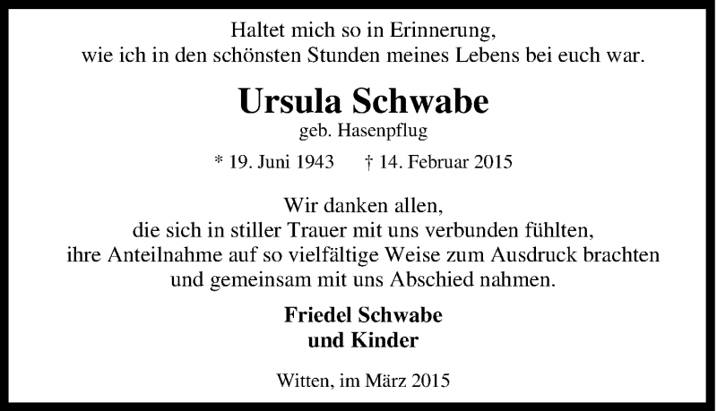  Traueranzeige für Ursula Schwabe vom 17.02.2015 aus Tageszeitung