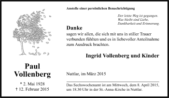 Traueranzeige von Paul Vollenberg von Tageszeitung