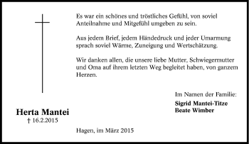 Traueranzeige von Herta Mantei von Tageszeitung