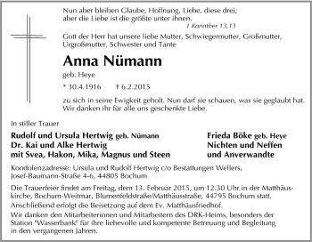Traueranzeige von Anna Nümann von Tageszeitung