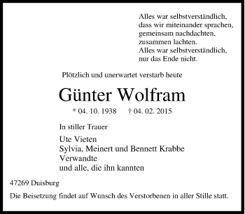 Traueranzeige von Günter Wolfram von Tageszeitung