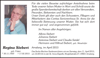 Traueranzeige von Regina Siebert von Tageszeitung