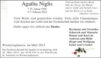 Traueranzeige von Agatha Niglis von Tageszeitung