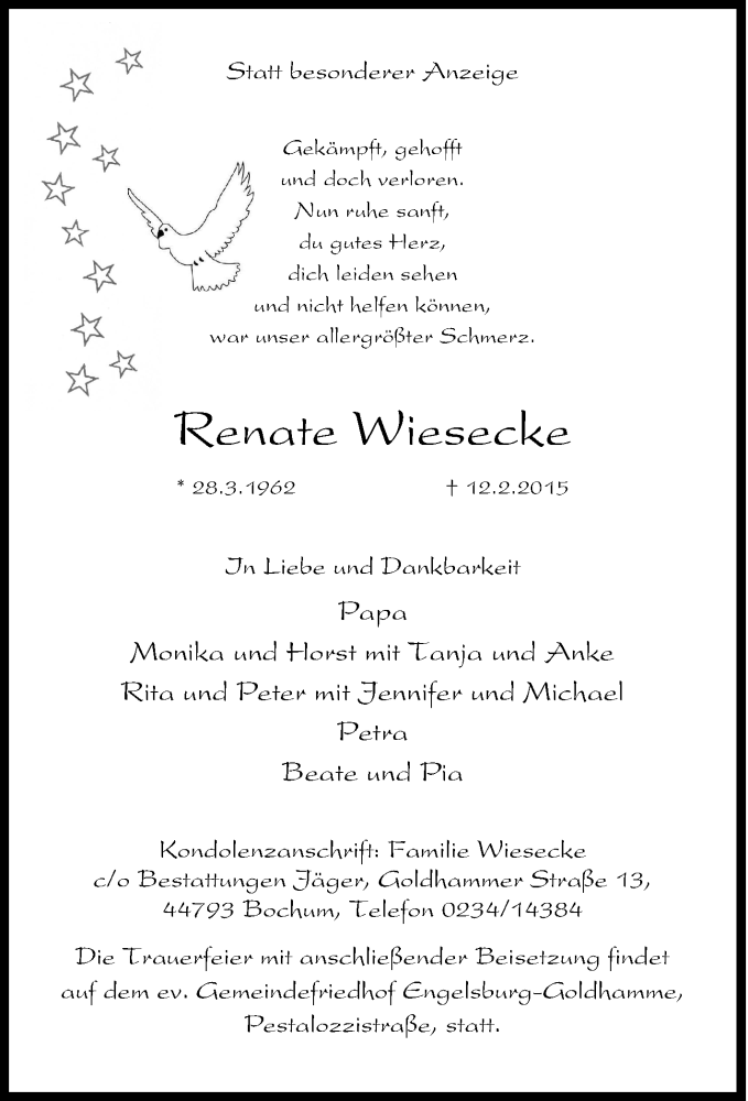  Traueranzeige für Renate Wiesecke vom 14.02.2015 aus Tageszeitung
