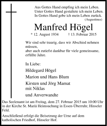 Traueranzeige von Manfred Högel von Tageszeitung