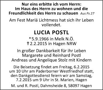 Traueranzeige von Lucia Postl von Tageszeitung