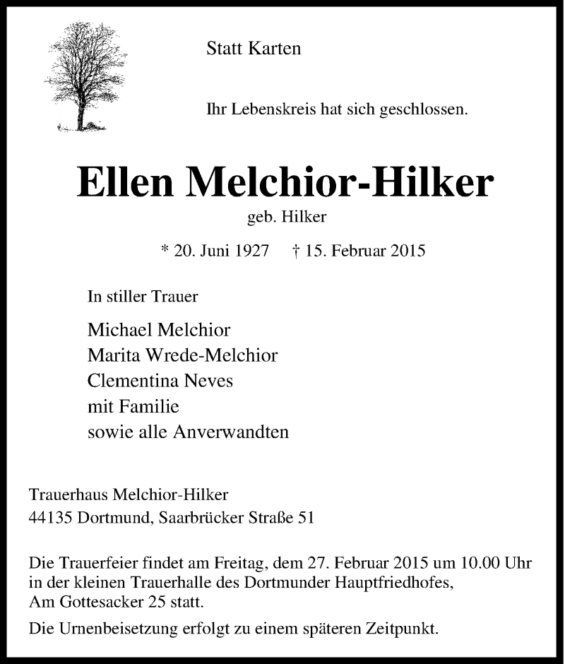  Traueranzeige für Ellen Melchior-Hilker vom 21.02.2015 aus Tageszeitung