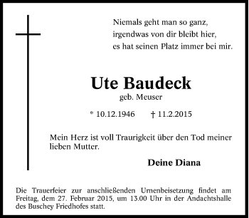 Traueranzeige von Ute Baudeck von Tageszeitung