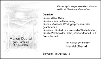 Traueranzeige von Marion Oberjat von Tageszeitung