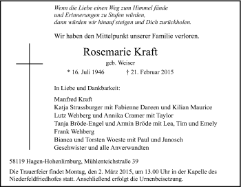 Traueranzeige von Rosemarie Kraft von Tageszeitung