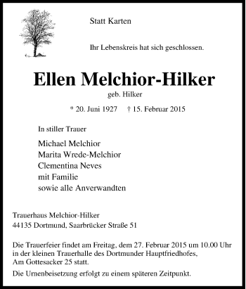 Traueranzeige von Ellen Melchior-Hilker von Tageszeitung