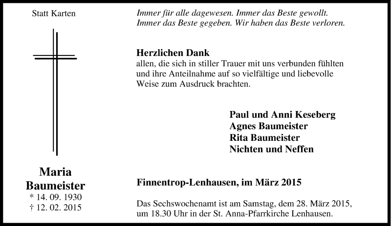  Traueranzeige für Maria Baumeister vom 21.02.2015 aus Tageszeitung