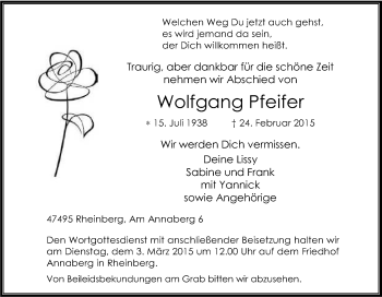 Traueranzeige von Wolfgang Pfeifer von Tageszeitung
