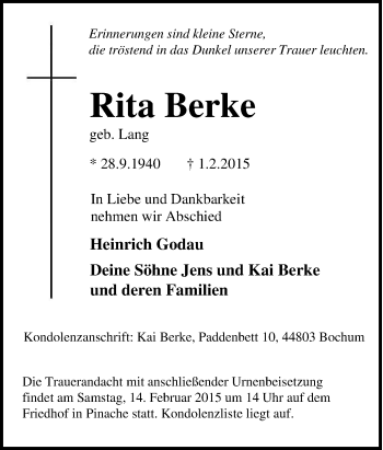 Traueranzeige von Rita Berke von Tageszeitung