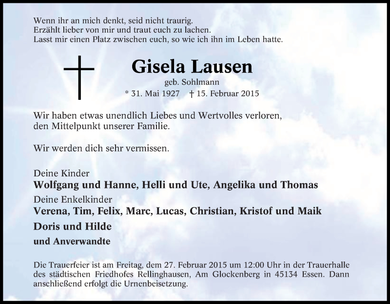  Traueranzeige für Gisela Lausen vom 21.02.2015 aus Tageszeitung
