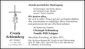 Traueranzeige von Ursula Schlomberg von Tageszeitung