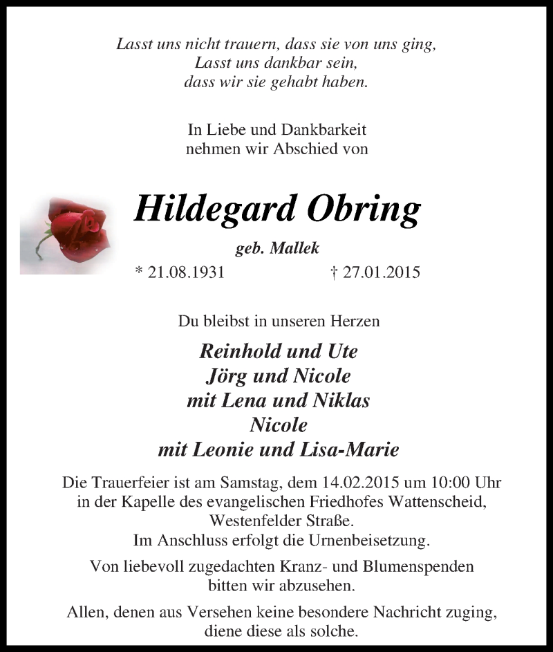  Traueranzeige für Hildegard Obring vom 07.02.2015 aus Tageszeitung