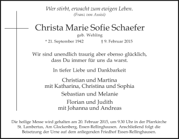 Traueranzeige von Christa Marie Sofie Schaefer von Tageszeitung